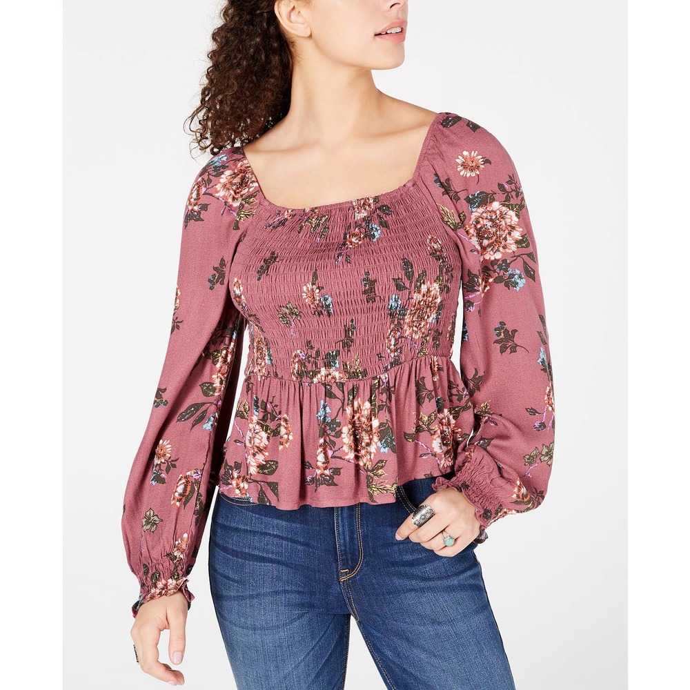 Deco Rose Square-Neck Smocked Top XS